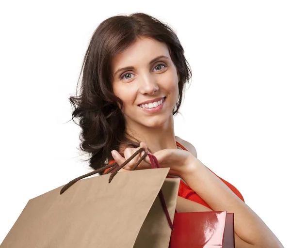 Fiatal nő bevásárló táskák — Stock Fotó
