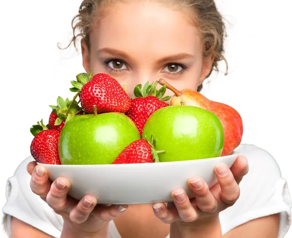 Jovem Desfrutando Frutas Isoladas Fundo Branco — Fotografia de Stock