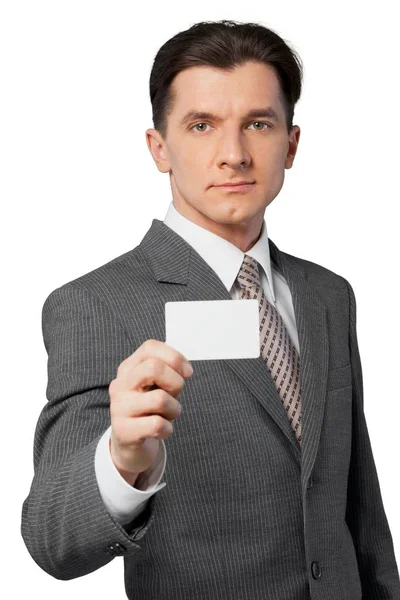 Businessman in suit with card — Stock Photo, Image