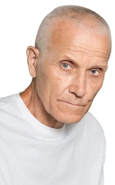 Крупный План Пожилого Человека Белой Рубашке Белом Фоне — стоковое фото