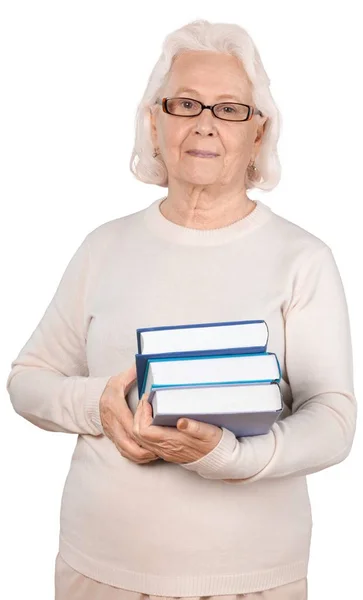 Женщина Седыми Волосами Держит Книги Белом Фоне — стоковое фото