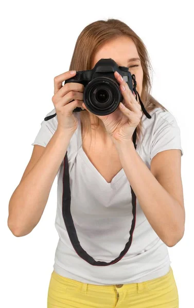 Mulher Segurando Câmera Isolada Fundo Branco — Fotografia de Stock