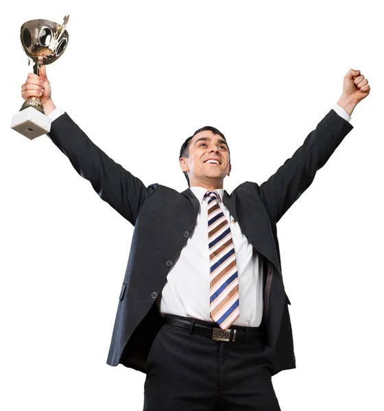 Young Happy Businessman Award Cup — Stock Photo, Image
