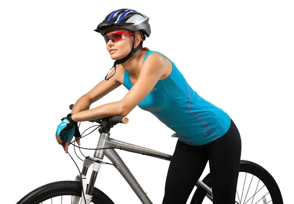 Attractive Woman Bike Isolated White — Stock Photo, Image