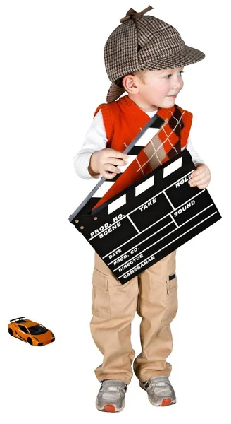 Cute Baby Boy Film Board Isolated White Background — Stock Photo, Image