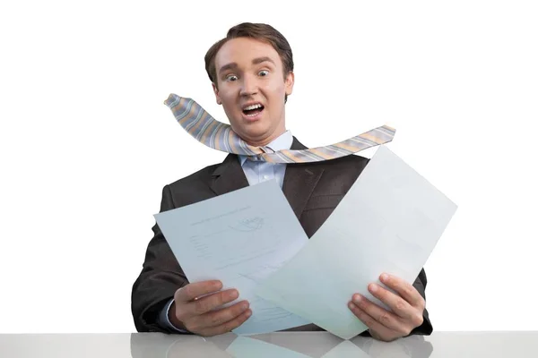 Close Business Man Suit Holding Documents Isolated White Background — Stock Photo, Image
