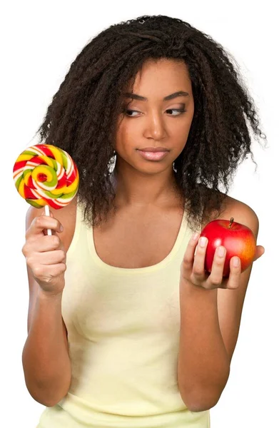 Kobieta Trzyma Jabłko Cukierki Białym Tle — Zdjęcie stockowe