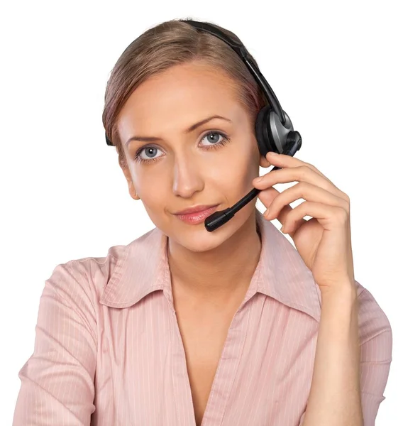 Joven mujer de negocios en auriculares —  Fotos de Stock