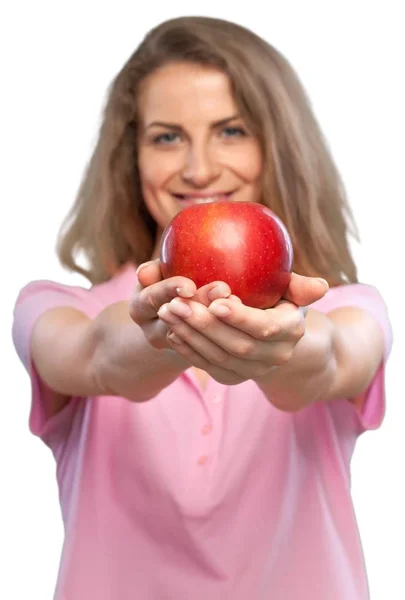 Młoda Piękna Kobieta Czerwone Jabłko Białym Tle — Zdjęcie stockowe