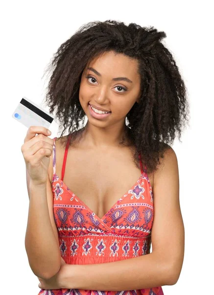 Αφρικανική γυναίκα με πιστωτική κάρτα — Φωτογραφία Αρχείου
