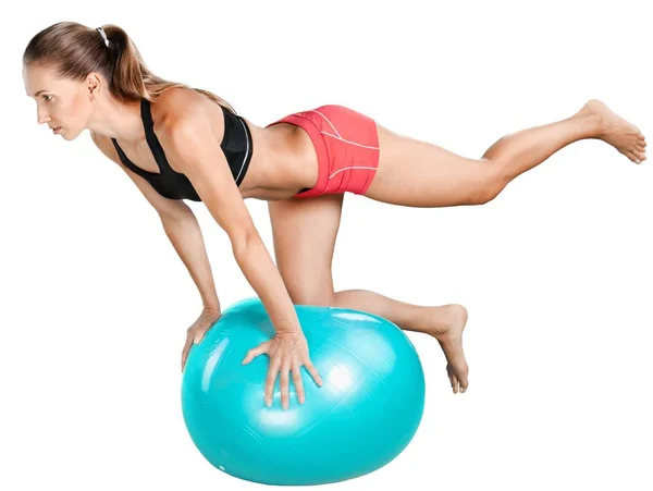 Mulher Exercitando Com Fitball Isolado Fundo Branco — Fotografia de Stock