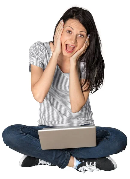 Nahaufnahme Einer Jungen Frau Mit Laptop Isoliert Auf Weißem Hintergrund — Stockfoto
