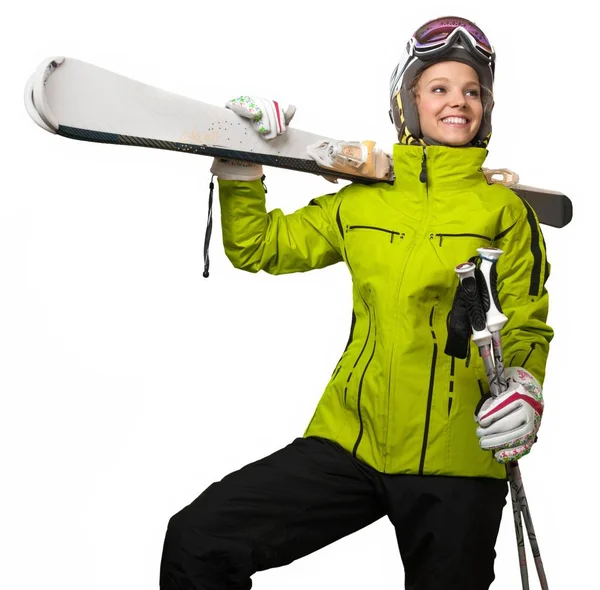 Jonge Leuke Vrouw Houden Ski Geïsoleerd Witte Achtergrond — Stockfoto