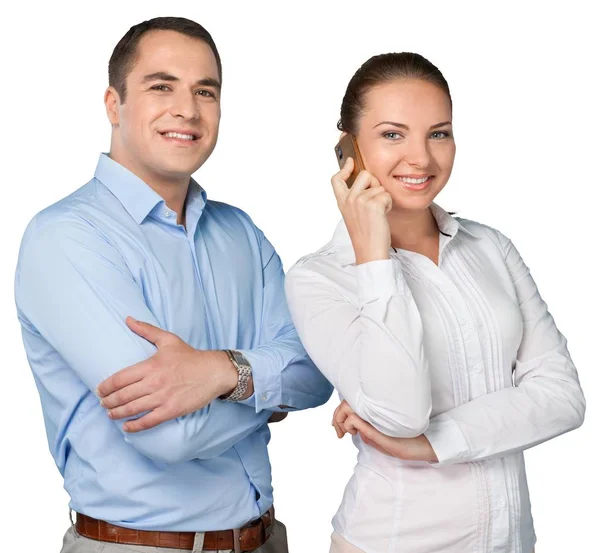 Jonge Bedrijf Paar Met Behulp Van Slimme Telefoon Geïsoleerd Witte — Stockfoto