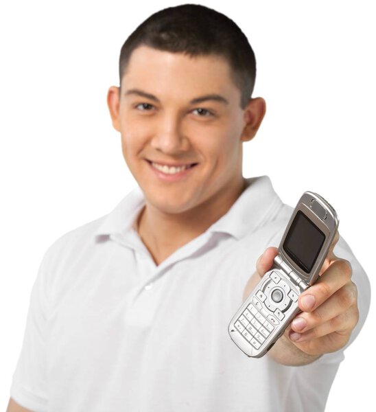 man in shirt holding phone