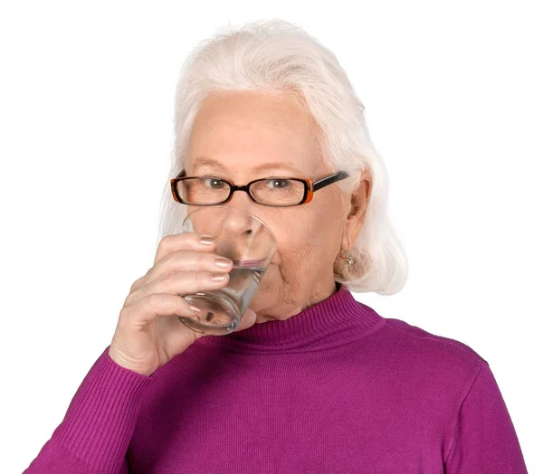 Portrait Attractive Elegant Senior Woman Drinks Water — Stock Photo, Image