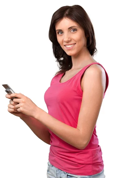 Hezká žena pomocí mobilní — Stock fotografie