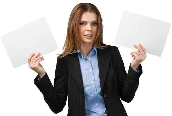 Woman holding empty cards — Stock Photo, Image