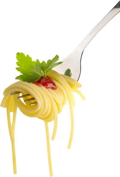 Spaghettis Aux Pâtes Sur Fourchette Sur Fond Blanc — Photo