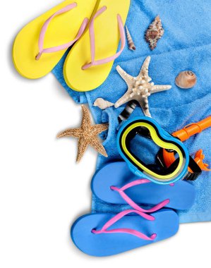 Deniz kabuğu ve mavi gökyüzü üzerinde flip-flop