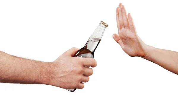 Mano Respingere Bottiglia Birra — Foto Stock