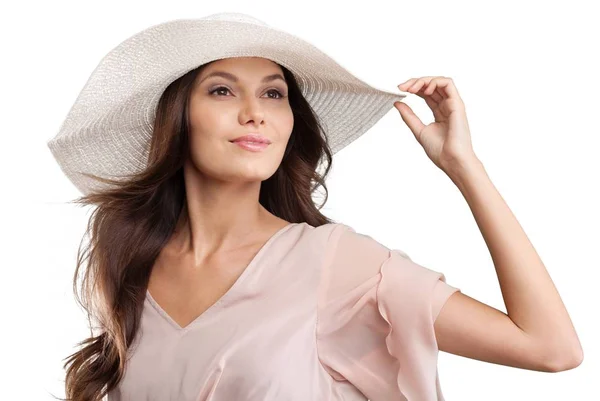 Vrouw met hoed op achtergrond — Stockfoto