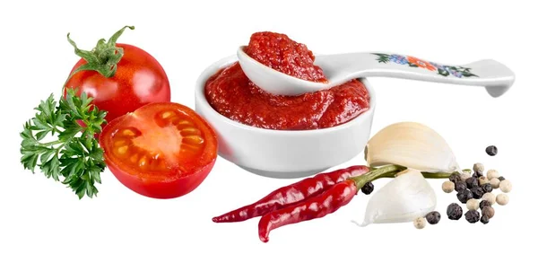 Plato Deliciosa Salsa Tomate Con Especias Aisladas Sobre Fondo Blanco — Foto de Stock