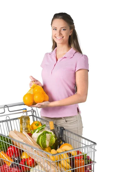 Donna felice con carrello della spesa — Foto Stock