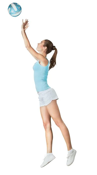 Woman in blue shirt with ball — Stock Photo, Image