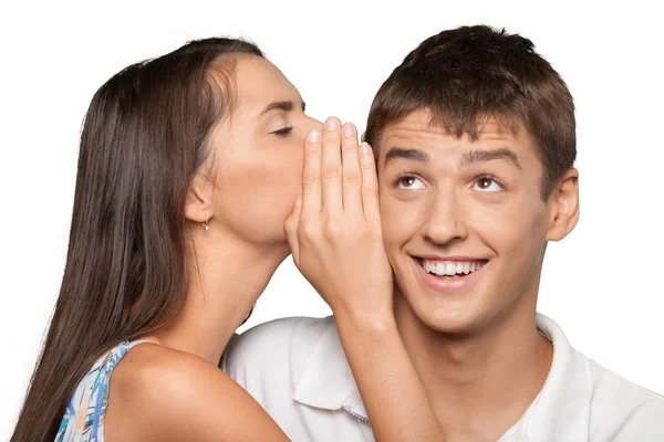 Retrato Uma Jovem Mulher Contando Segredo Para Homem — Fotografia de Stock