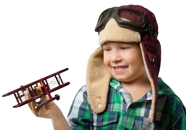 Ragazzino Con Piano Legno Isolato Sfondo Bianco — Foto Stock