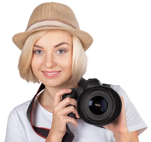 Woman holding camera — Stock Photo, Image