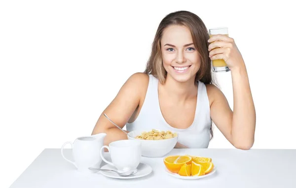 Mujer Joven Con Zumo Naranja Aislado Sobre Fondo Blanco — Foto de Stock