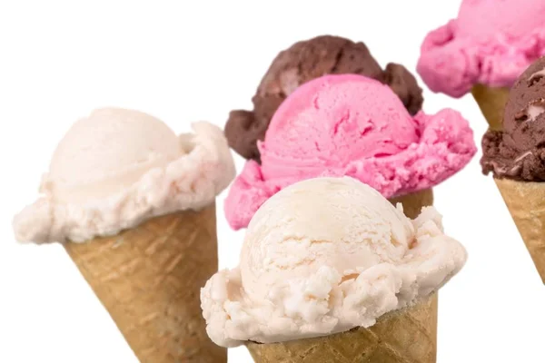 Various ice cream balls in waffle cones — Stock Photo, Image