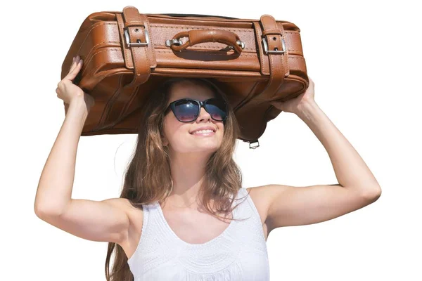 Söt kvinna med resväska — Stockfoto
