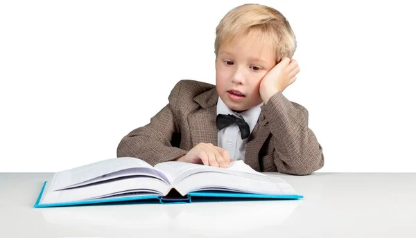 Bonito Menino Com Livro Isolado Fundo Branco — Fotografia de Stock