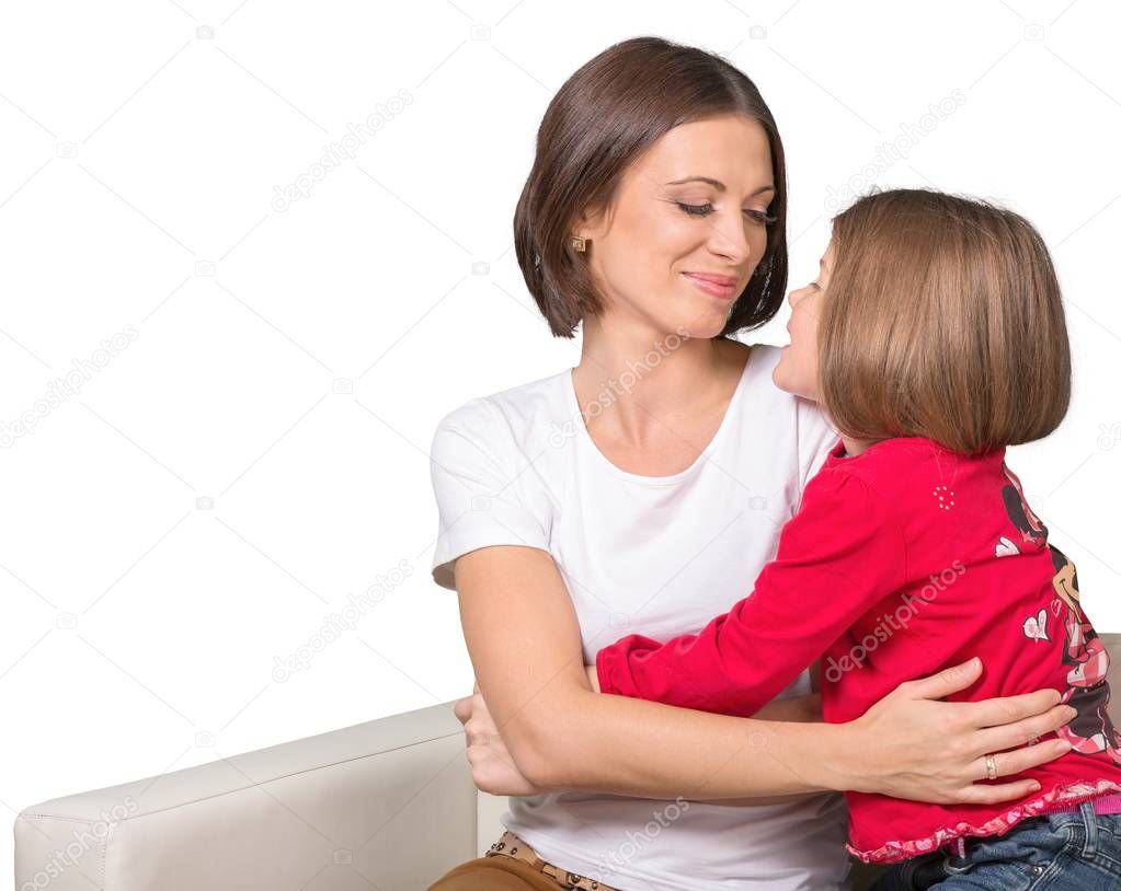 happy Mother and daughter hugging on white