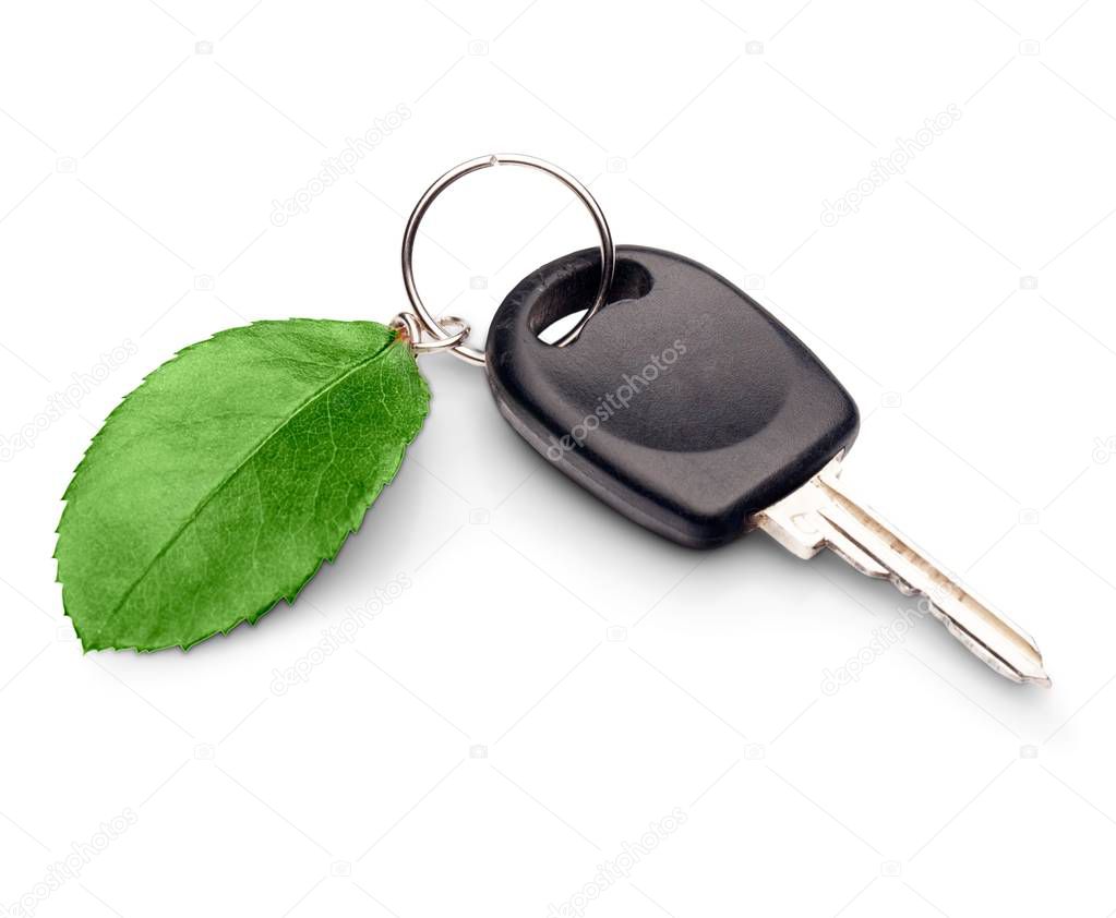 Car key with green leaf as trinket isolated on white background