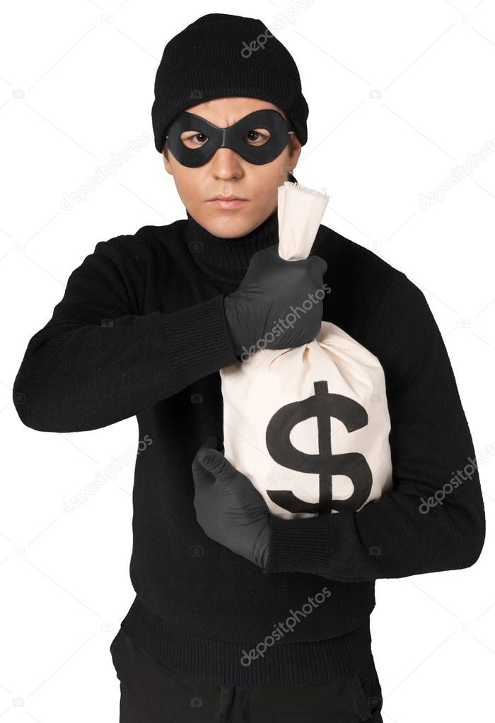 Thief holding money bag isolated on white 