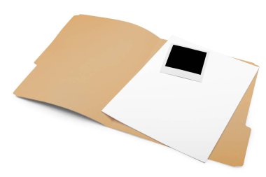 Defter arka plan üzerinde Polaroid fotoğraf ile alay et