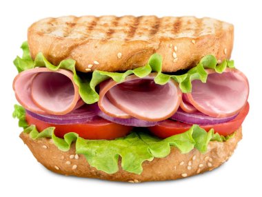 Beyaz arkaplanda lezzetli bir hamburger,