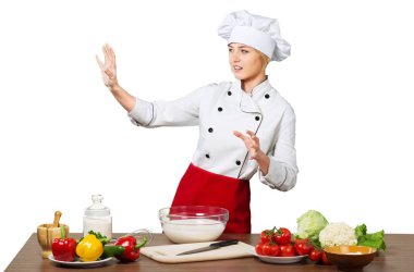 sevimli kadın yemek beyaz arka plan üzerinde izole genç