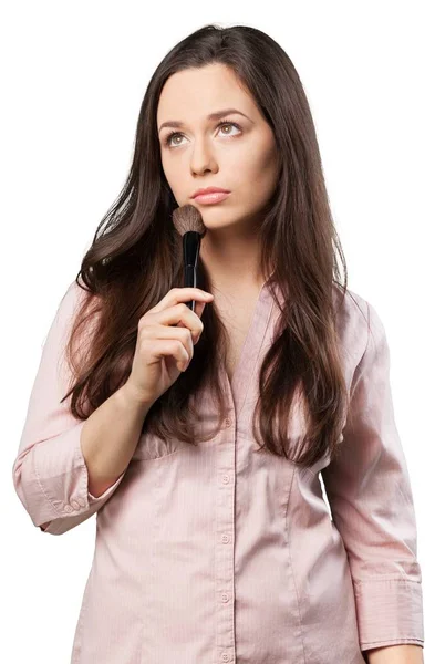 Retrato Jovem Mulher Camisa Rosa Isolado Fundo Branco — Fotografia de Stock