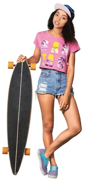 Menina com longboard — Fotografia de Stock