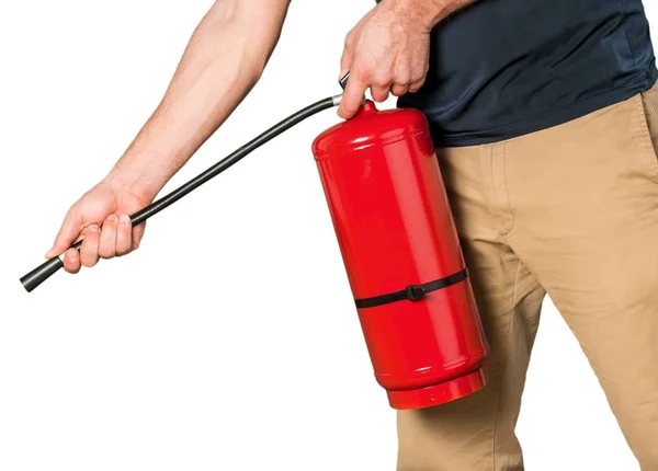 Hombre Presiona Extintor Incendios Gatillo Aislado Sobre Fondo Blanco — Foto de Stock