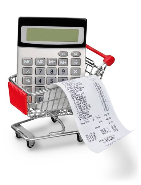 supermarket check with numbers in shopping cart, close-up view