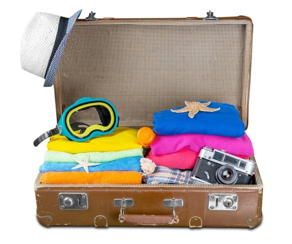 Retro suitcase with travel objects — Stock Photo, Image