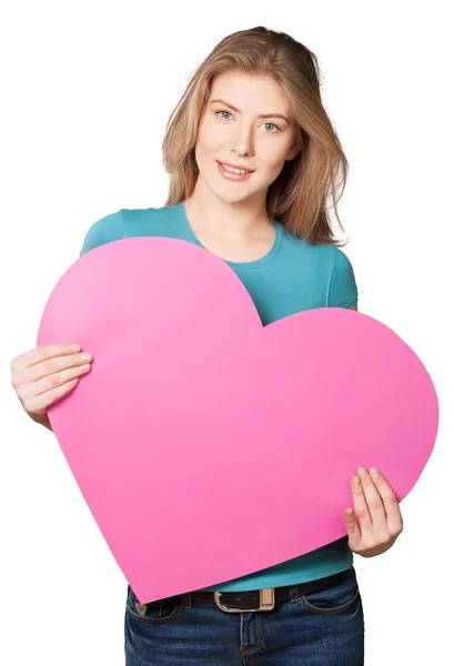 Beyaz Arka Plan Üzerinde Izole Kağıt Kalp Kadınla — Stok fotoğraf