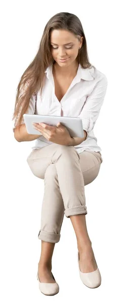 Woman holding tablet pc — Stock Photo, Image