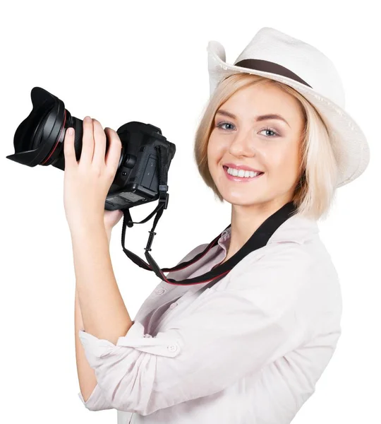 Woman Holding Camera Isolated White Background — Stock Photo, Image